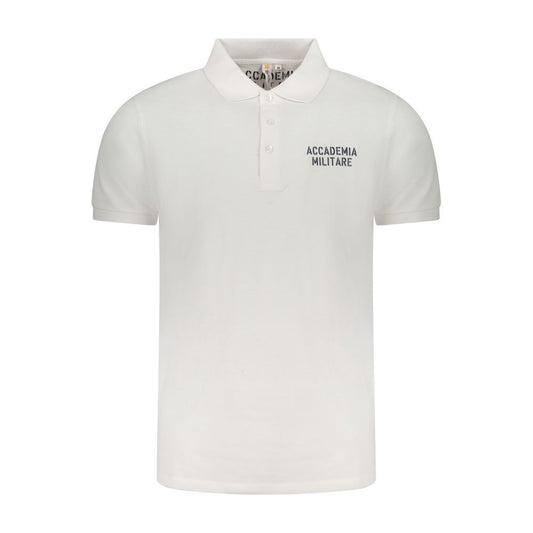 Alt Tag: Accademia Militare White Cotton Polo Shirt with short sleeves, contrast print, and logo design, featuring 3 buttons.