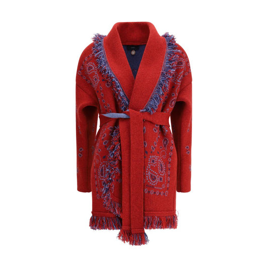 Luxurious Alanui Bordeaux Cashmere Cardigan with bandana pattern, fringed edges, and two-tone waistband, crafted in jacquard knit.