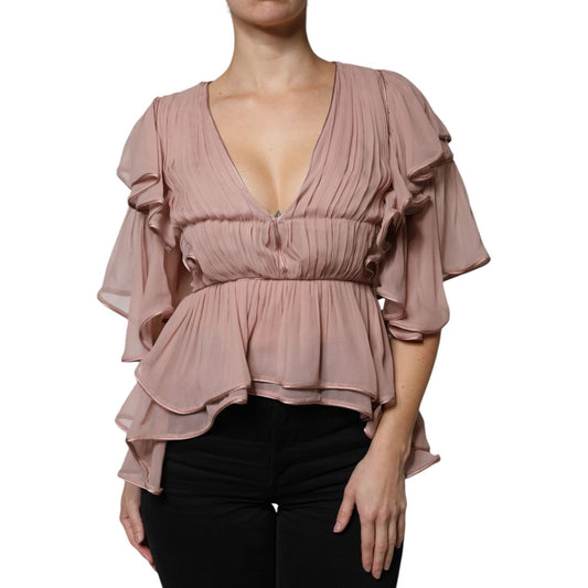 Alberta Ferretti Alberta Ferretti Brown Silk Short Sleeves V-neck Pleated Top TSH86782-40 1728,67345645728,Alberta Ferretti,Brown,Clothing,IT40|S,Material: 100% Silk,Preowned / Defect,Tops & T-Shirts - Women - Clothing,Women,Women - Clothing