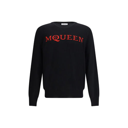 Alexander McQueen Black Wool Sweatshirt with red logo on front, ribbed crew neck, hem, and cuffs for a comfortable, luxurious fit.
