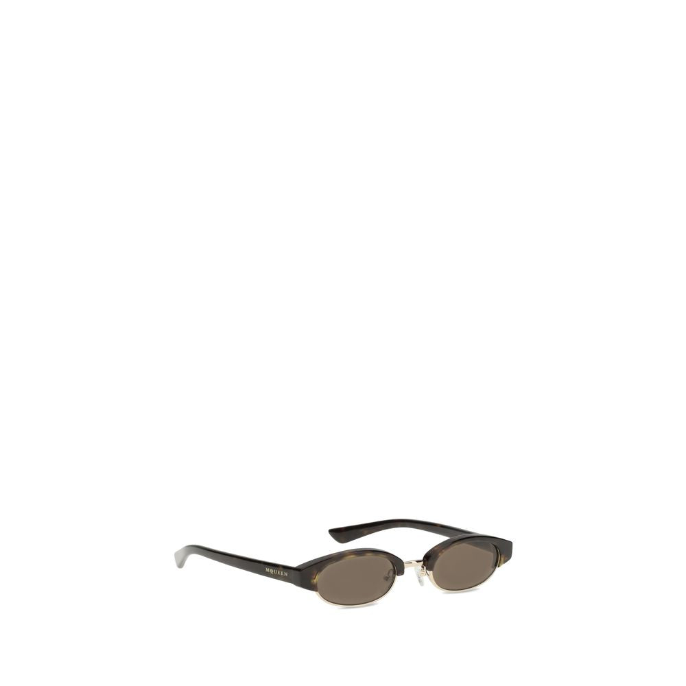 Alexander McQueen Brown Acetate Sunglasses with narrow oval silhouette and semi-rimless frame, featuring laser-engraved McQueen logo.