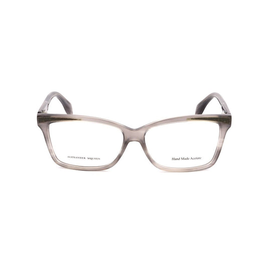 Alexander McQueen Gray Acetate Glasses (Frames) front view, showcasing acetate material and gray color, size 53/13/140 mm.