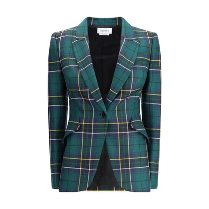 Alexander McQueen Green Wool Blazer with check pattern and sleek peaked lapel.