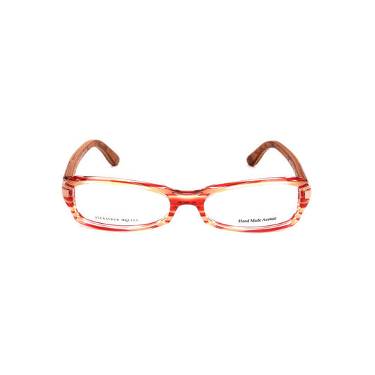 Alexander McQueen Red Acetate Glasses (Frames) for women, model AMQ4136A0O, featuring 52/16/130mm dimensions, made of red acetate.