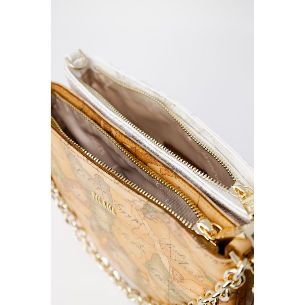 Alviero Martini Prima Classe Beige Leather Handbag showing interior compartments and Prima Classe print