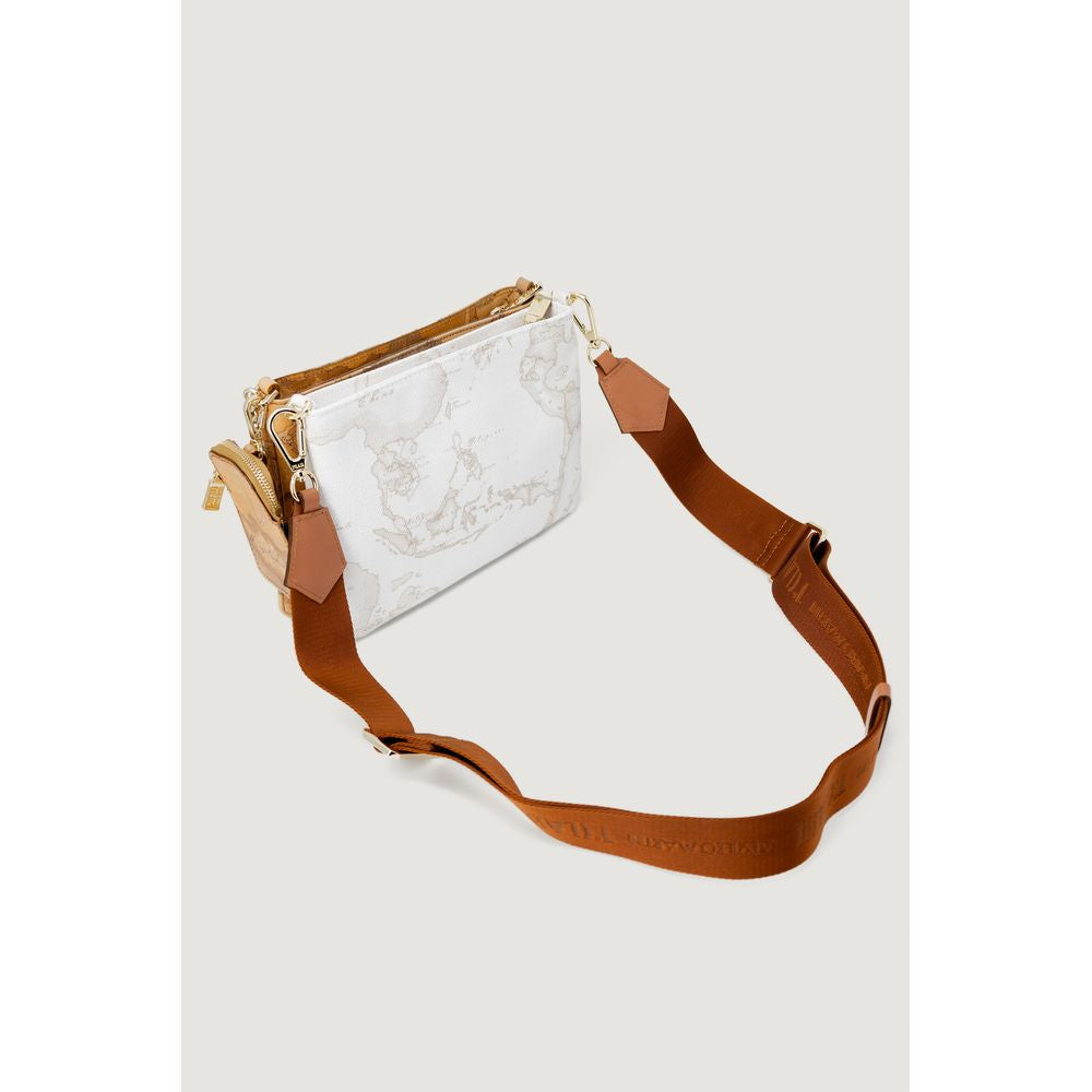 Alviero Martini Prima Classe Beige Leather Handbag with iconic geographic print and adjustable leather strap, elegant and stylish.
