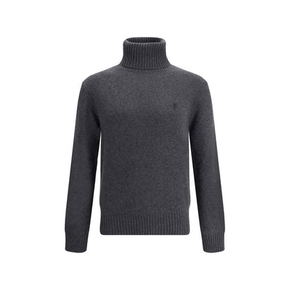 Ami Paris Gray Cashmere Turtleneck sweater with ribbed hem and cuffs, featuring the iconic logo on front for a stylish and comfortable autumn look.