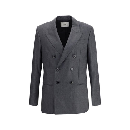 Ami Paris Gray Fleece Wool Blazer, double-breasted with classic lapels, made from anthracite virgin wool for formal and business outfits.