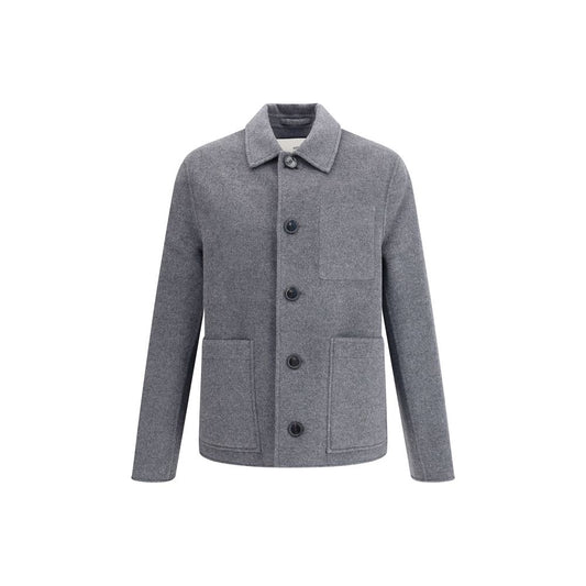 Ami Paris Gray Wool Coat with classic design, front button closure, and patch pockets, composed of 90% wool, 10% Kashmir, perfect for AW25.