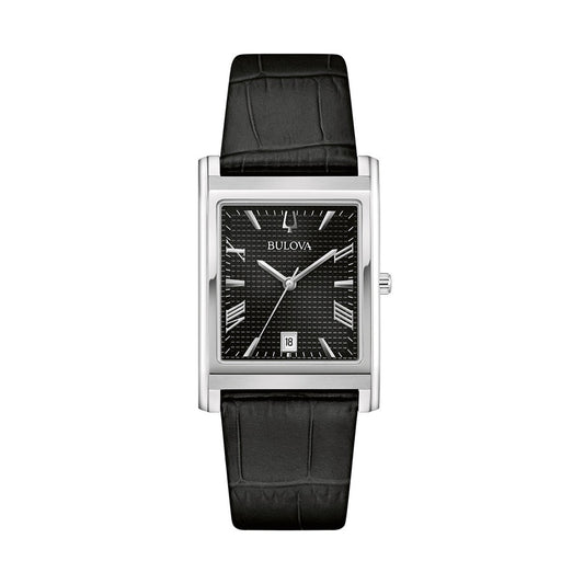 Stylish BULOVA MOD. 96B445 watch with black leather strap and rectangular face.