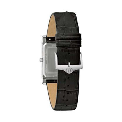 Back view of BULOVA MOD. 96B445 watch with black leather strap and stainless steel clasp.