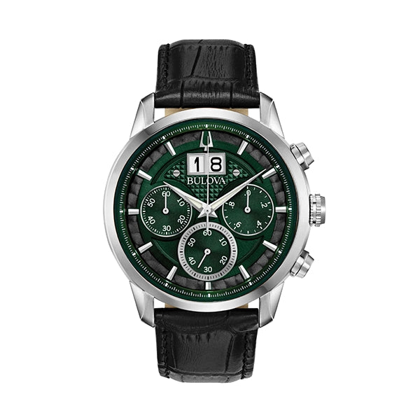 BULOVA WATCHES Mod. 96B310 featuring a green dial and black leather strap