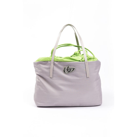 BYBLOS Gray Polyester Women Shoulder Bag with green accents and logo embellishment, showcasing trendy design and functionality.