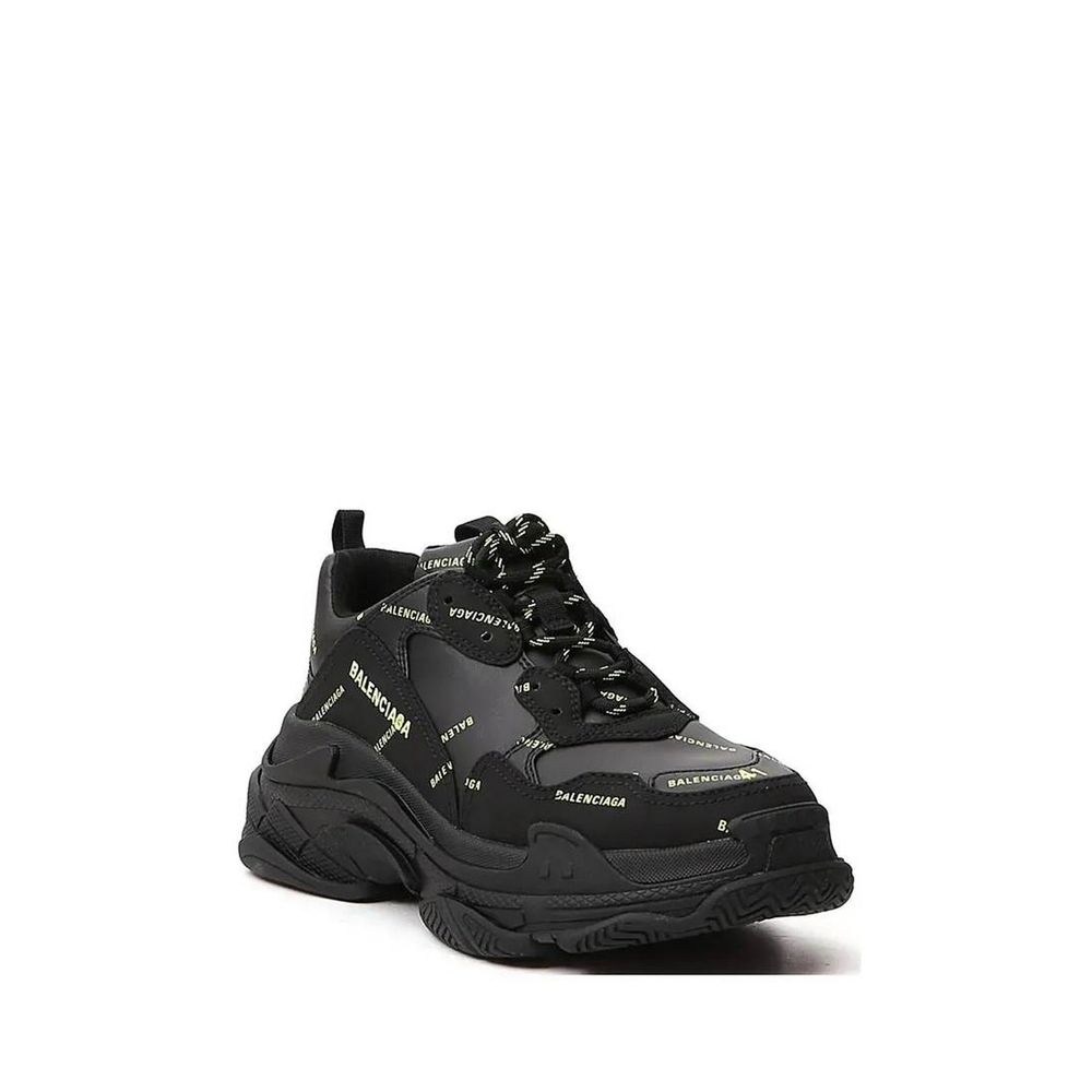 Balenciaga Black Calfskin Chunky Sneakers with round toe, rubber sole, and all-over logo detail, made in Italy for men.