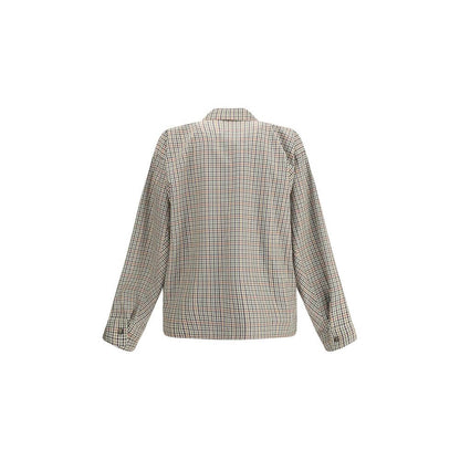 Back view of Balenciaga Multicolor Cotton Coat featuring checked flannel, overshirt design, and embroidered logo for AW25 season.