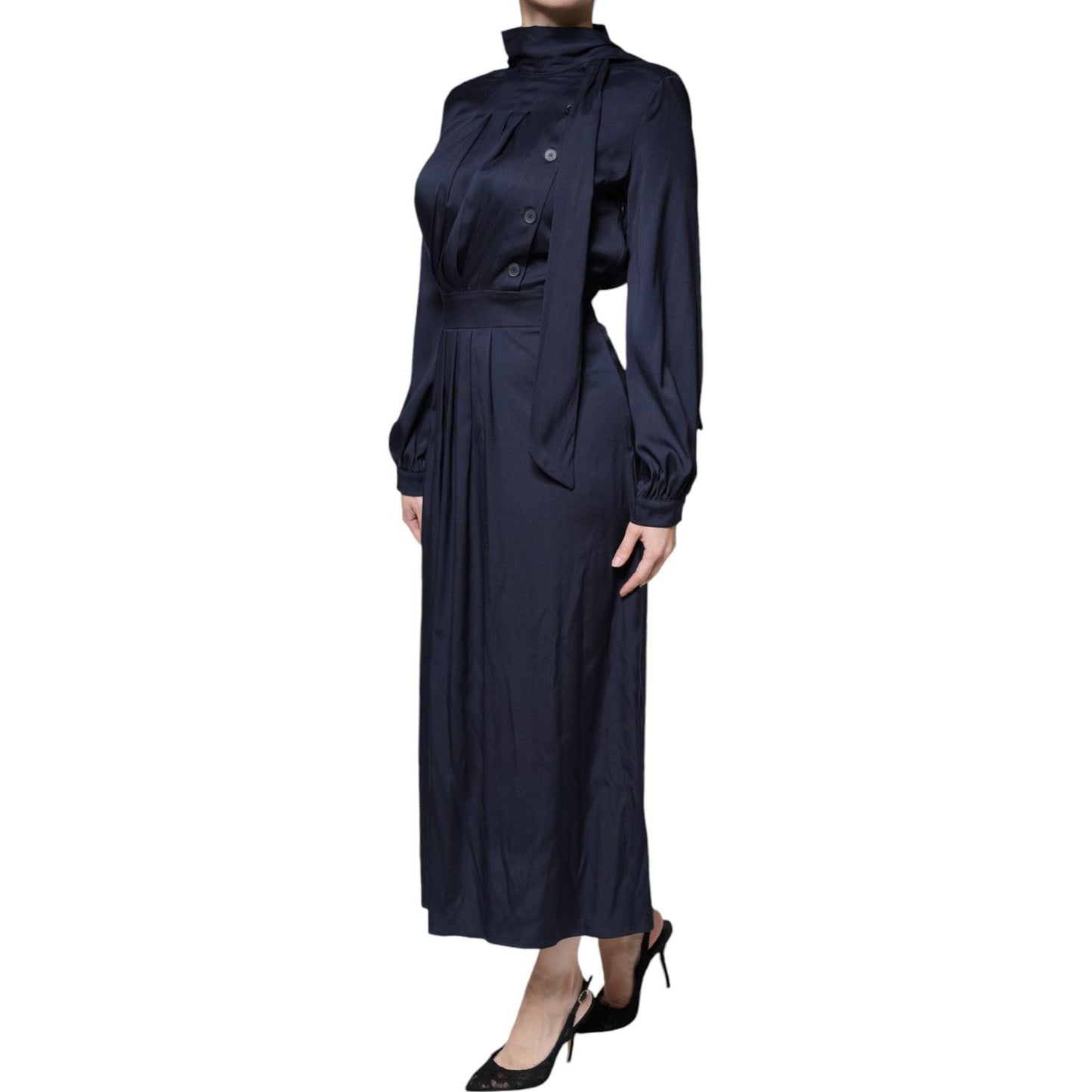 Ballantyne Dark Blue Long Sleeves Pleated A-line Maxi Dress DR81484-40