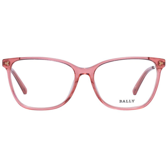 Bally Red Women Glasses Frame in metal and plastic, full-rim trapezium style, demo lenses, includes branded case.