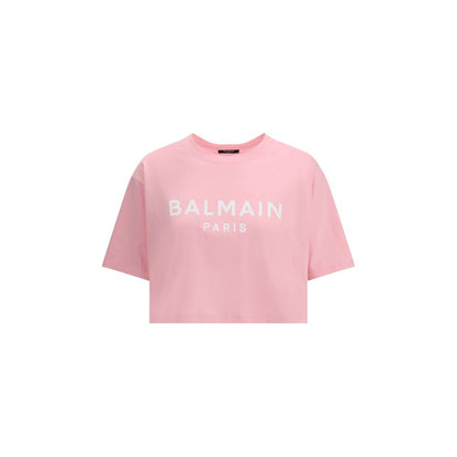 Balmain Multicolor Cotton T-Shirt with logo, cropped design, crew neck, and elegant urban style. Ideal for a sophisticated look.