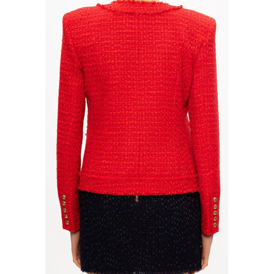 Back view of Balmain Red Nylon Suits & Blazer with gold button accents on sleeves.