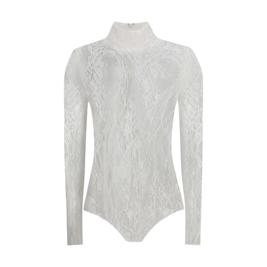 Balmain White Cotton Top lace bodysuit with high neck, sheer lace, and zip fastening, ideal for bold, feminine autumn-winter looks.