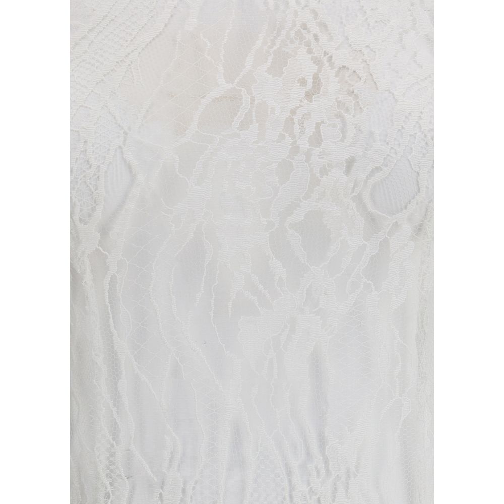 Balmain White Cotton Top featuring elegant sheer lace and high neck design, with back zip and button fastening for a structured fit.
