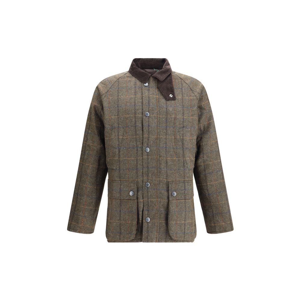 Barbour Green Wool Coat with check pattern and corduroy collar, featuring front snap closure and flap pockets, AW25 season, regular fit.