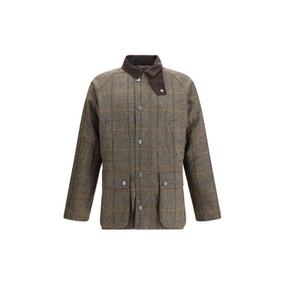 Barbour Green Wool Coat with check pattern and corduroy collar, featuring front snap closure and flap pockets, AW25 season, regular fit.