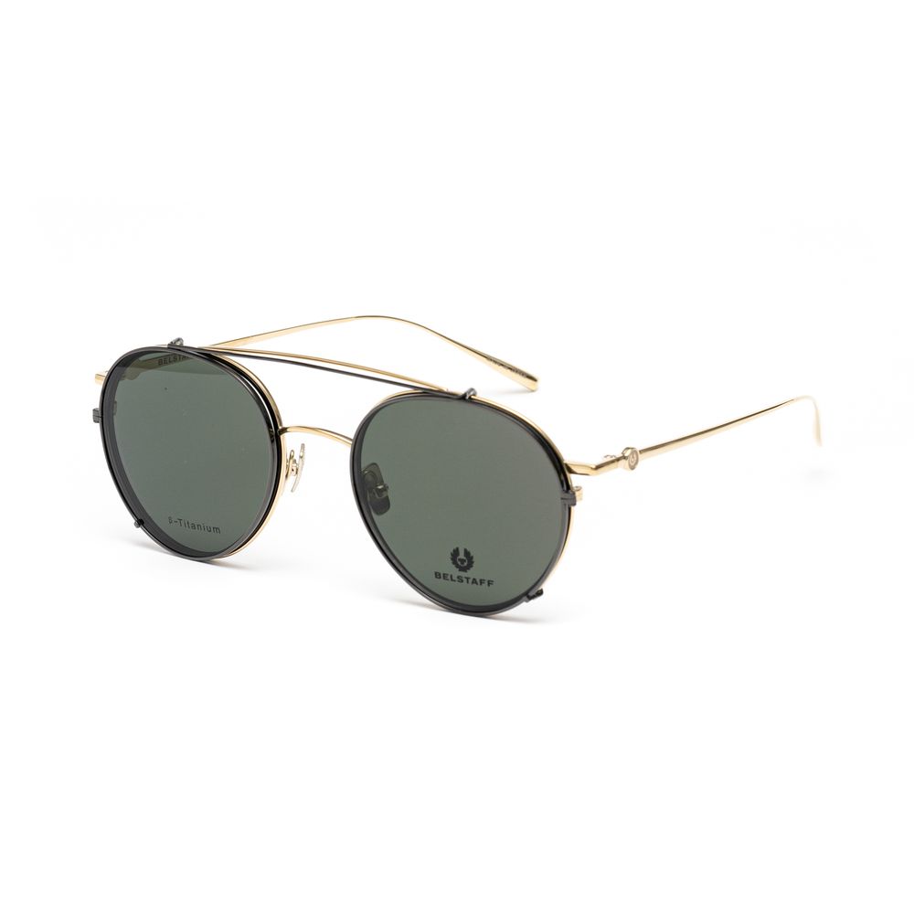 Belstaff Gold Titanium Frames with green clip-on lenses, handmade in Japan, featuring high-grade materials and 100% UV protection.