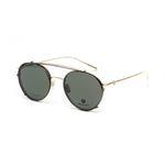 Belstaff Gold Titanium Frames with green clip-on lenses, handmade in Japan, featuring high-grade materials and 100% UV protection.