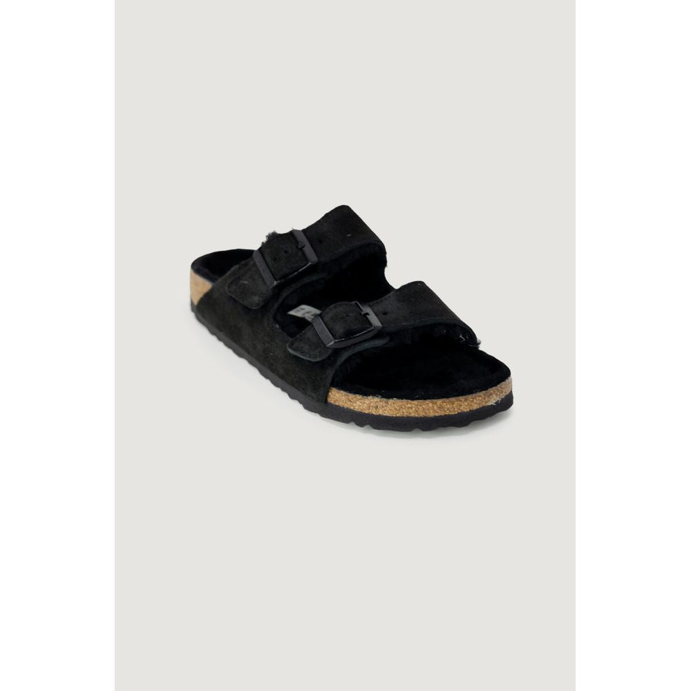 Birkenstock Black Suede Leather Slippers with adjustable straps and shearling lining, model 752663, for comfort and style.