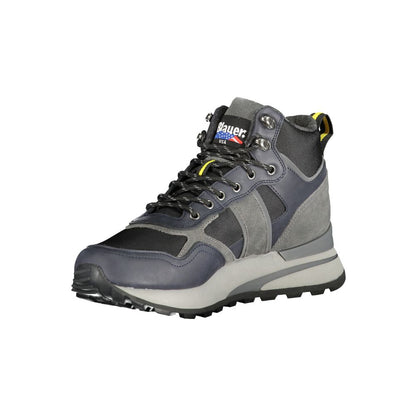 Blauer Blue Leather Men Sneaker high-top with contrasting details and removable footbed, featuring the iconic Blauer logo for style and comfort.