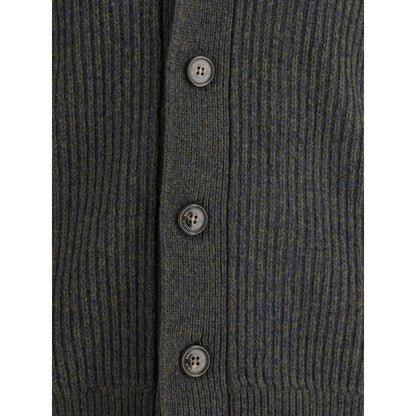 Close-up of button detail on Brooksfield Green Fleece Wool Cardigan showcasing ribbed texture and refined design.
