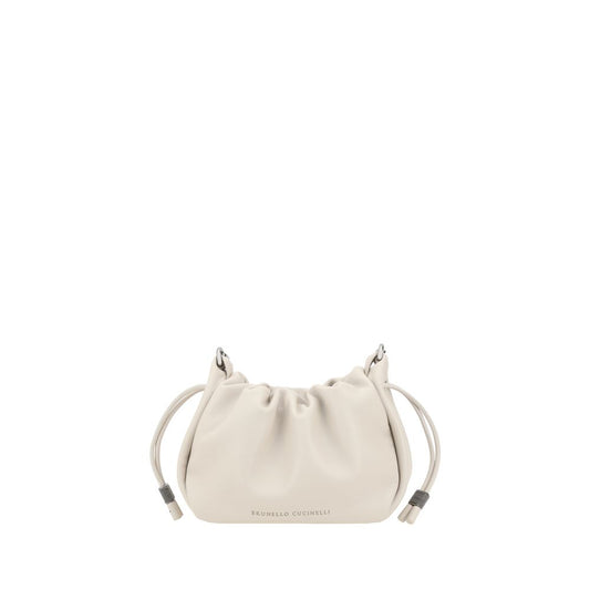 Brunello Cucinelli Beige Calf Leather Bos Taurus Shoulder Bag with drawstring closure and shiny jewelry strap, showcasing luxury design.