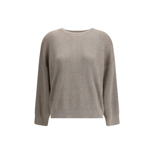 Brunello Cucinelli Beige Cotton Sweatshirt with ribbed design and crew neck, offering a refined and elegant style with lurex shimmer.