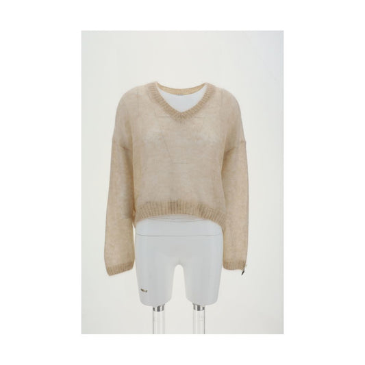 Brunello Cucinelli Beige Mohair Sweatshirt with V-neck and ribbed cuffs displayed on mannequin.