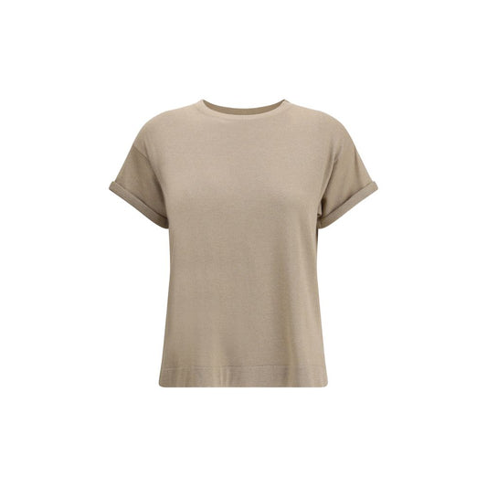 Brunello Cucinelli Beige Nylon T-Shirt featuring a ribbed crew neck and glitter effect, perfect for elegant and versatile casual wear.