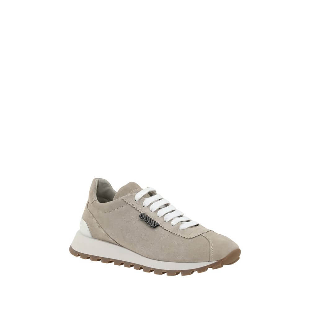 Brunello Cucinelli Beige Rubber Platform Sneakers with suede design and lace-up closure, featuring a knurled sole and shiny bead detail.