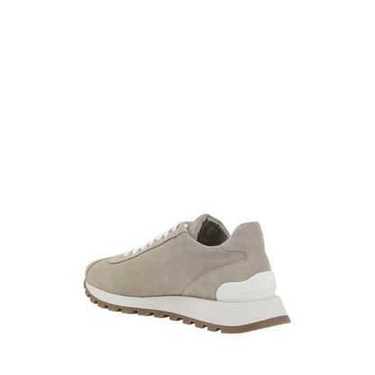 Brunello Cucinelli Beige Rubber Platform Sneakers side view with suede design and knurled sole.
