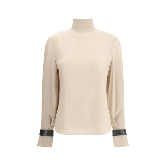 Brunello Cucinelli Beige Silk Blouse with turtleneck and jewel decoration, feminine and refined design for elegant looks.