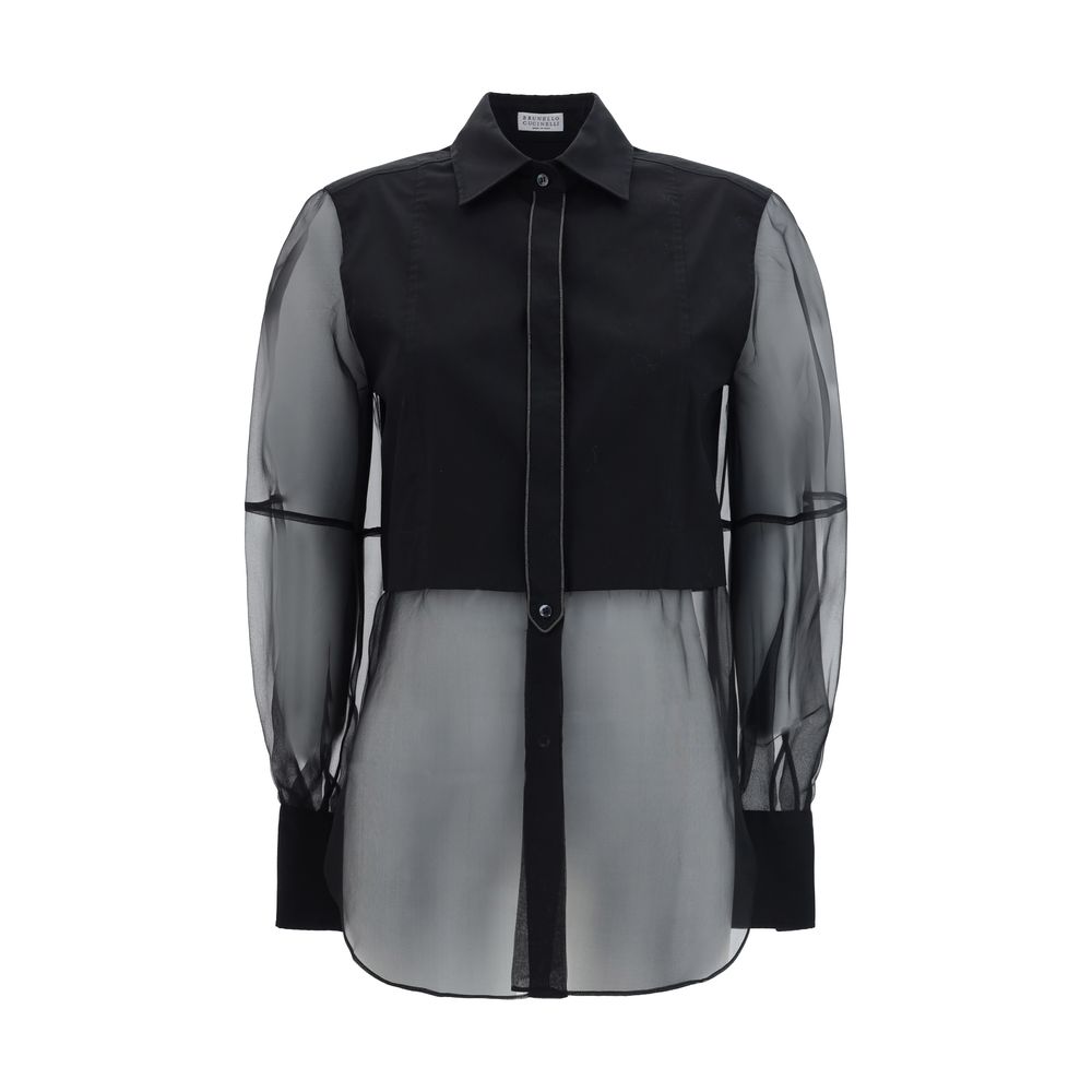 Brunello Cucinelli Black Cotton Pattern Shirt with classic collar, semi-transparent design, jewel detail, front button fastening.