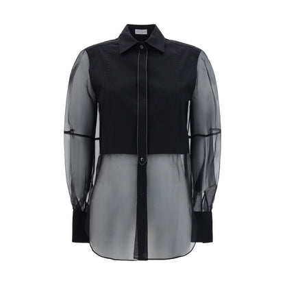 Brunello Cucinelli Black Cotton Pattern Shirt with classic collar, semi-transparent design, jewel detail, front button fastening.