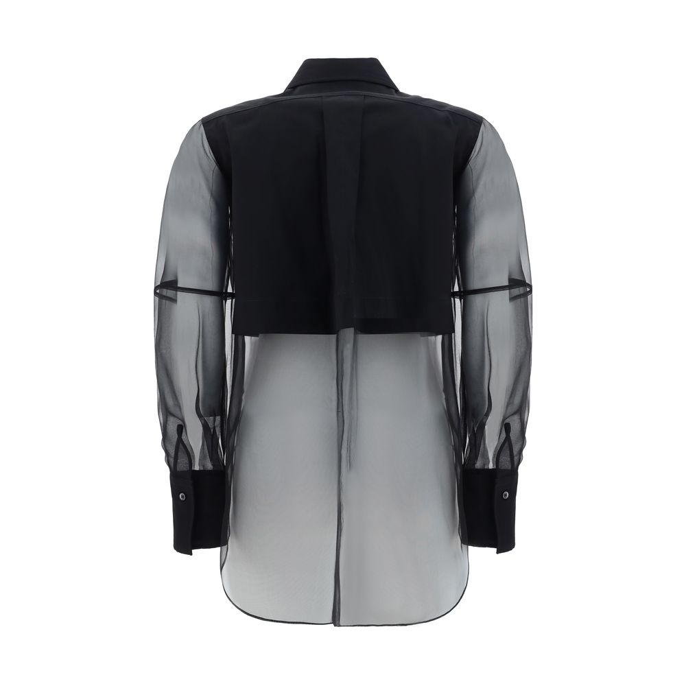 Back view of Brunello Cucinelli Black Cotton Pattern Shirt, showcasing a semi-transparent design with shiny jewel detail on a monochrome pattern.