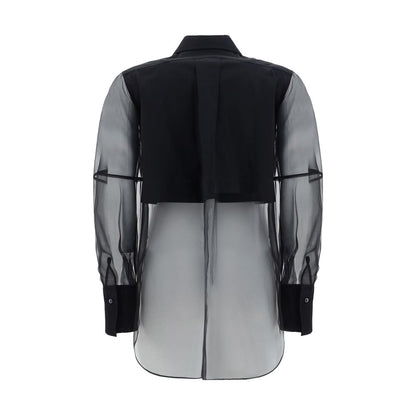 Back view of Brunello Cucinelli Black Cotton Pattern Shirt, showcasing a semi-transparent design with shiny jewel detail on a monochrome pattern.