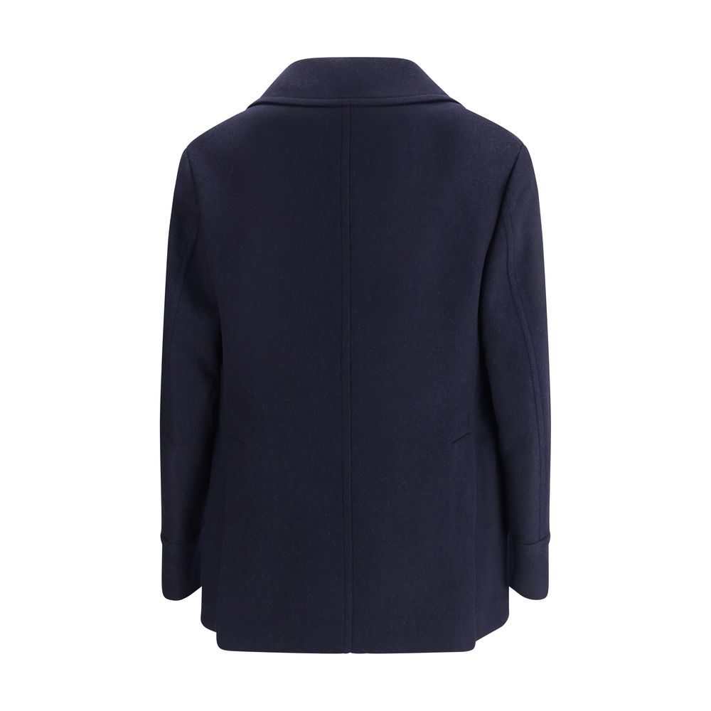 Back view of Brunello Cucinelli Blue Wool Coat showcasing flannel fabric and classic design features.