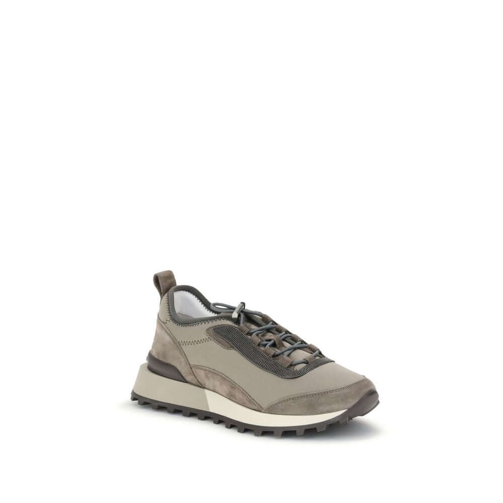 Brunello Cucinelli Brown Leather Athletic Sneakers with drawstring closure, pull tab, and jewels on upper, showcasing craftsmanship and style.