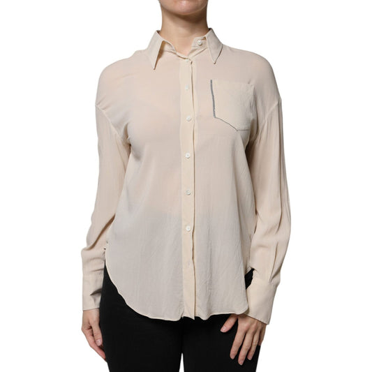 Brunello Cucinelli Brunello Cucinelli Beige Silk Blend Collared Button Down Top TSH86743-38 1728,67345645728,Beige,Brunello Cucinelli,Clothing,IT38 | XS,Material: 91% Silk 9% Elastane,Preowned / Defect,Tops & T-Shirts - Women - Clothing,Women,Women - Clot