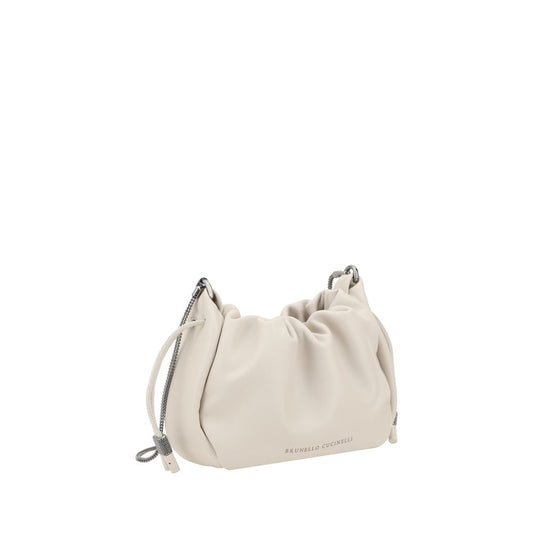 Brunello Cucinelli Bucket Mellow mini Shoulder Bag in leather with a drawstring closure and shiny jewelry strap detailing.