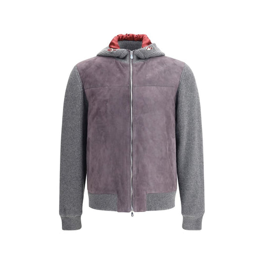 Brunello Cucinelli Gray Wool Jackets And Coat with English knit, suede yoke, padded interior, and lined hood featuring adjustable drawstrings.