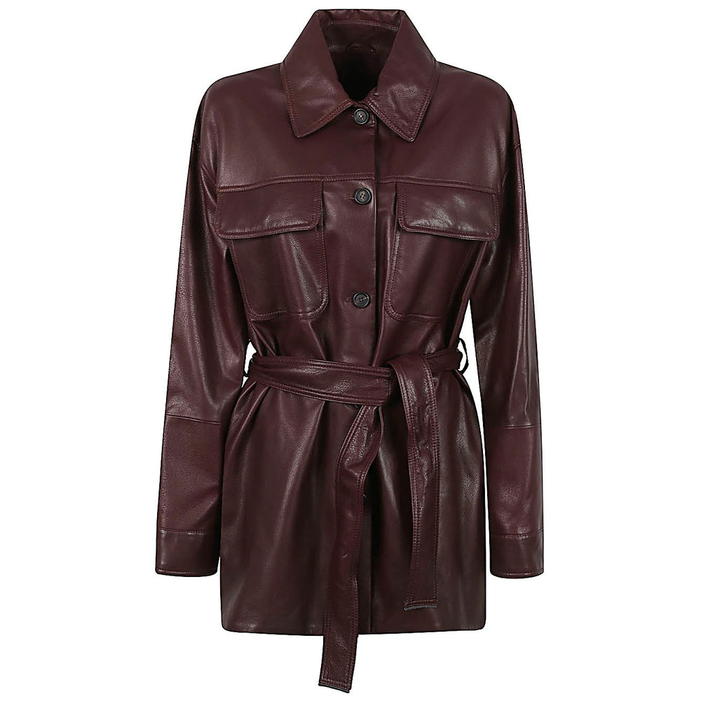 Brunello Cucinelli Jackets Bordeaux - leather jacket with long sleeves, button fastening, pointed collar, and waist belt.