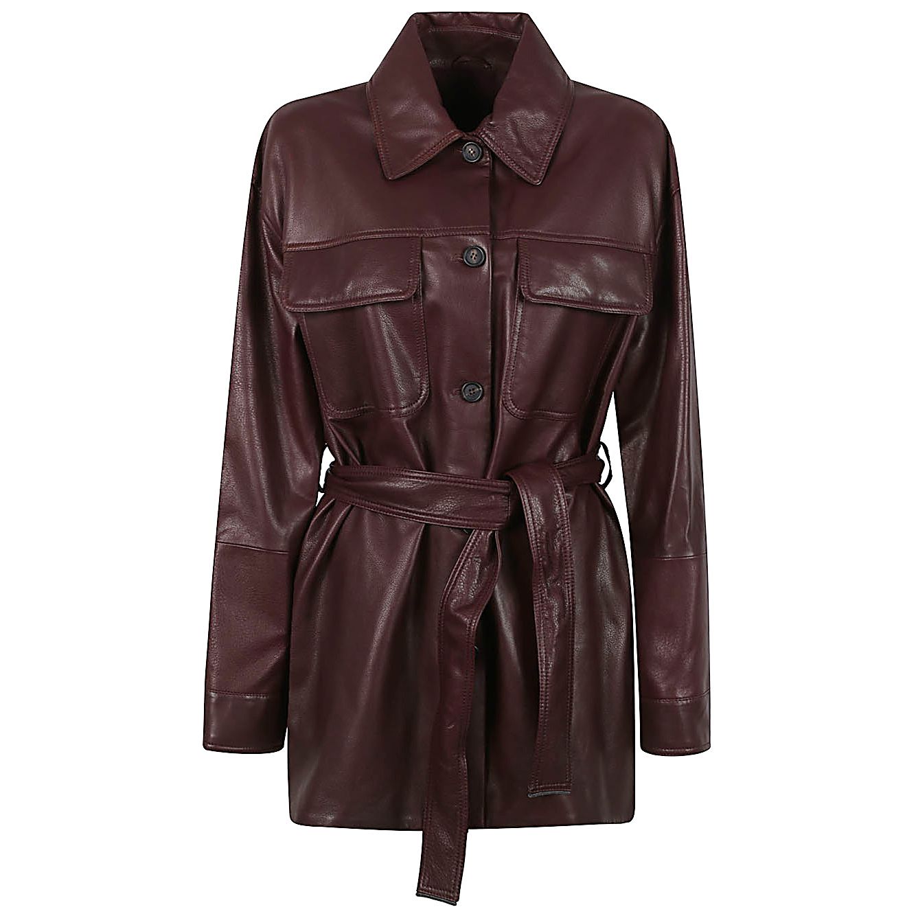 Brunello Cucinelli Jackets Bordeaux - leather jacket with long sleeves, button fastening, pointed collar, and waist belt.